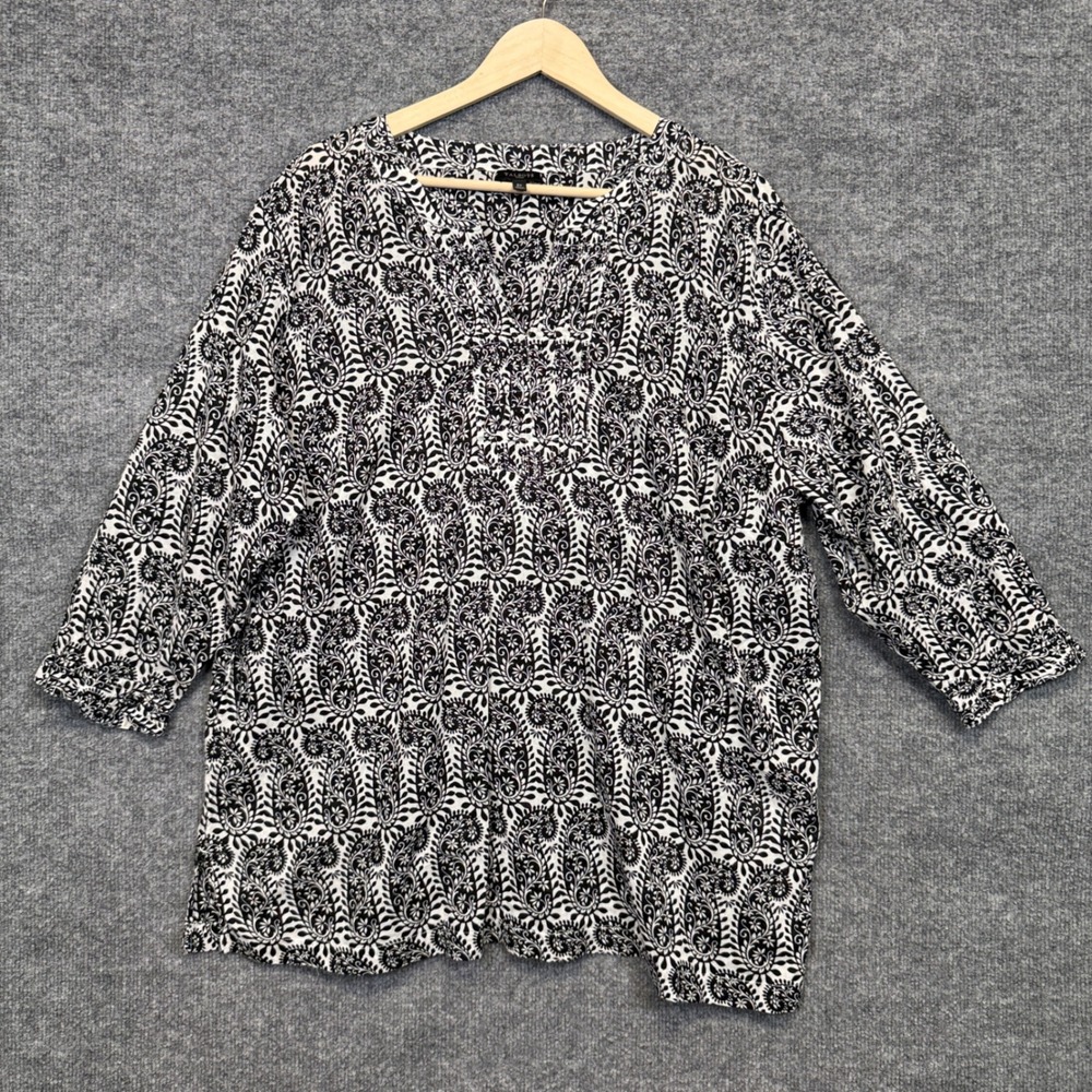 Talbots Womens Plus Size 2X Popover Tunic Blouse Black Cotton Paisley Print Boxy